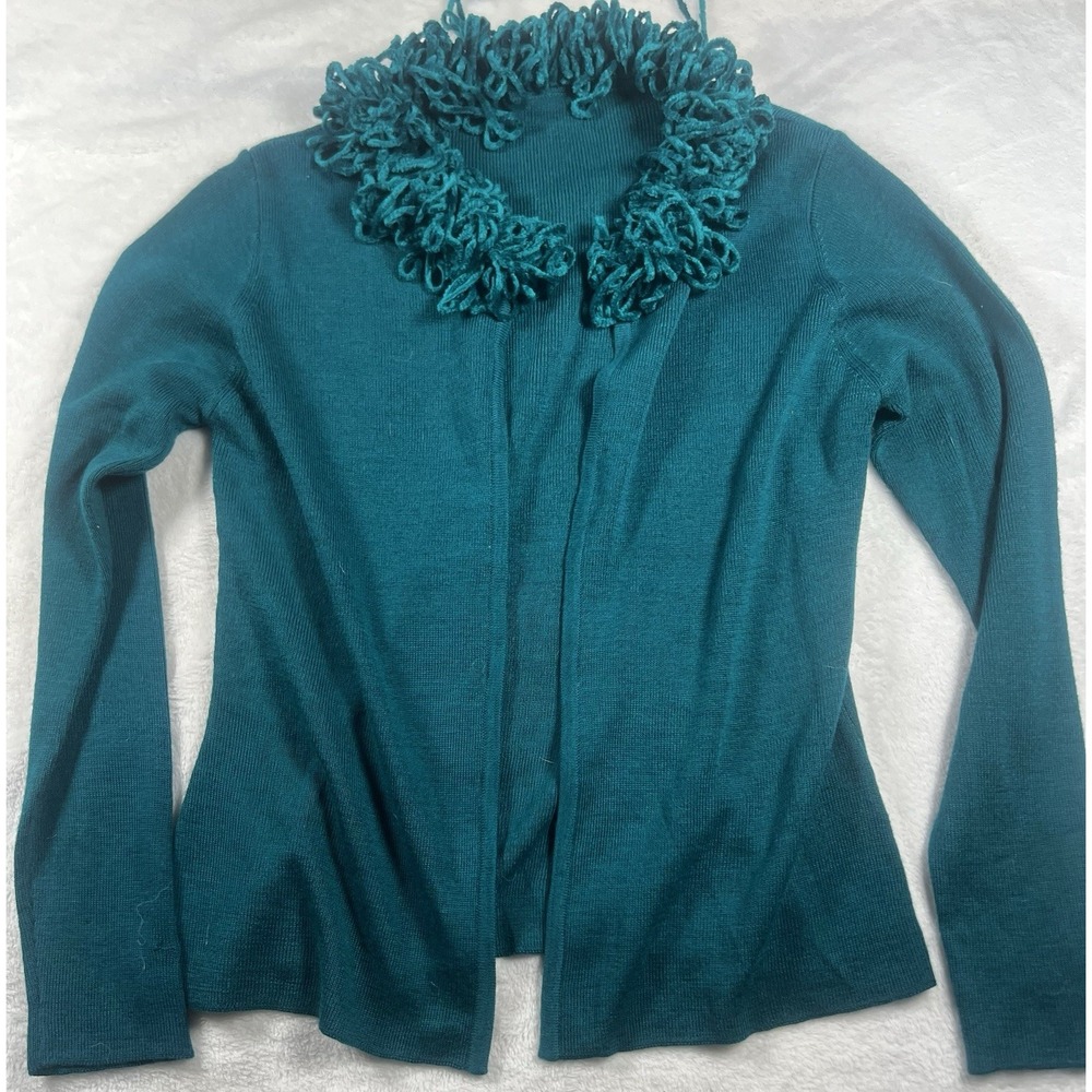 Women's Sweater Petite M/L Turquoise Cardigan Hook & Eye Ruffle Knit‎ Collar